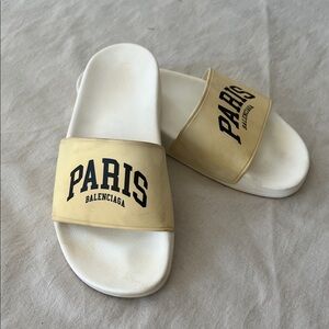 Balenciaga Slides with Paris Logo in White and Tan